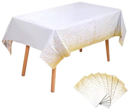 Einweg Tischdecken 8 Stück 137 x 183 cm Chmutzabweisend Wasserfest Tischdecke aus Kunststoff Rechteckige Goldene Punkte Tischdecken für Partys, Geburtstage, Hochzeiten - Weiß
