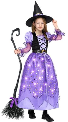 Spooktacular Creations Disfraz de bruja para niñas, disfraz de bruja iluminada para niños, vestido de bruja estrellada con cinturón de escoba, sombrero para niñas, fiesta de Halloween, juego de rol-L