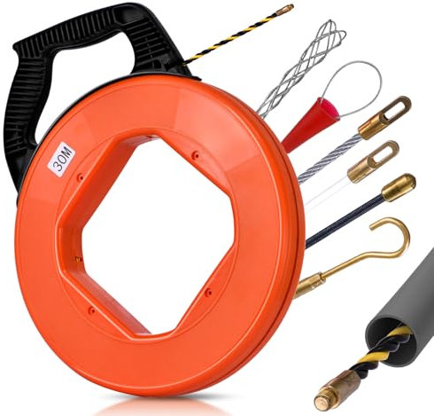 Hancaner Kabeleinziehhilfe 30M für Leerrohre inkl. 6 Adapter Einzugshilfe Kabel Einziehspirale - Zugdraht für Leerrohre mit Bruchsicherem Kabel, Kabeleinziehgerät mit Kunststoffgehäuse und Handgriff