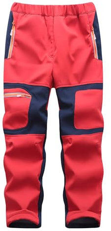 Yenwits Kinder Softshellhose gefüttert Skihose wasserdicht Thermohose Wanderhose Trekkinghose Schneehose Winter Outdoorhose Cargohose für Jungen und Mädchen(9056,Rot,104-116