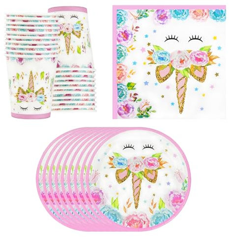 Qcdou Vaisselle de Fête, Vaisselle de Fête Assiette Licorne-16 Invités, Décorations Anniversaires Licorne, Assiettes, Gobelets, Serviettes, pour enfants d'anniversaire