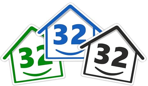 Lot de 3 autocollants numérotés pour poubelles à roulettes de 1 à 99 - 15 cm - Motif Happy House - Facile à appliquer - Vinyle autocollant résistant aux intempéries - Bleu, noir et vert (32)