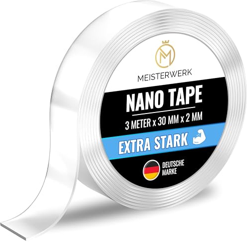 MEISTERWERK - Doppelseitiges Nano-Klebeband [EXTRA STARK] - Klebstofffrei & Spurlos dank Gecko-Effekt I Rutschfest - Waschbar & Wiederverwendbar