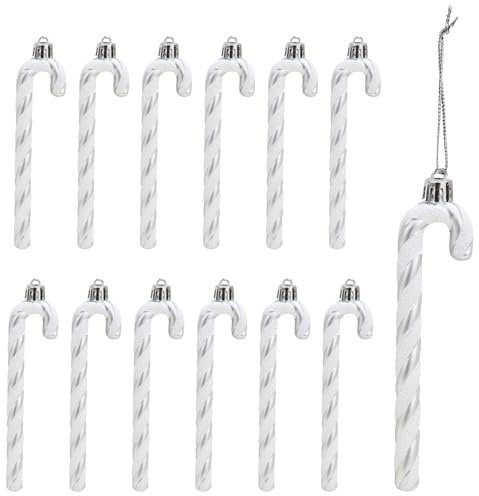 12pcs Candy Canes Plastic Christmas Candy Cane Ornaments Glitter Candy Cane Plastic Xmas Tree Hanging Ornaments Decorations (Silver and White)
