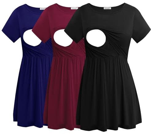 Smallshow Women's Maternity Nursing Tops Short Sleeve Breastfeeding Clothes 3 Pack,Black-Navy-Maroon,XXL