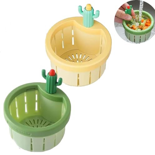 Bkemkri 2 Stück Niedlicher Kaktus Küchenspüle-Abflusssieb, Spülbecken-Filternetz, Abflusssieb Küchenspüle, Press Automatic Dumping Basket, Pressbarer Spülkorb Für Küche Badezimmer (Gelb+Grün)