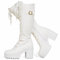 Voviggiw Stivali da motociclista da donna, alla moda, con plateau, con lacci, tacco grosso, con fibbia e cerniera laterale, bianco, 41 EU
