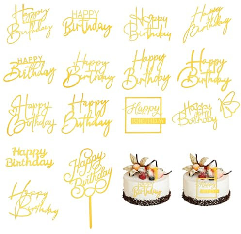 Happy Birthday Tortendeko, 15 Stück Gold Happy-Birthday Cake Topper Acrylic Buchstaben für Torte Happy-Birthday Torten Deko Buchstaben Kuchen Deko Cake Decoration für Birthday Queen Hochzeit Jubiläum