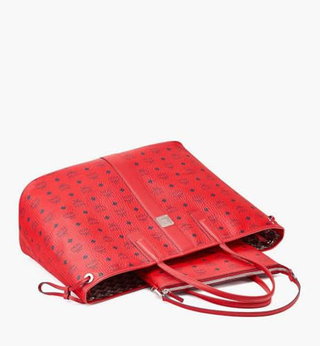 MCM Damen Shopper Tasche aus weinrotem Leder Candy Red – Wendetasche mit Karomuster und abnehmbarem Pouch – Hochwertige, strapazierfähige Handtasche für Alltag, Freizeit und Büro