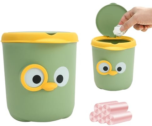 IBEQUEM Desktop Mini Mülleimer, Karikatur Kleine Mülleimer mit Deckel Abfalleimer mit 5 Rollen Mülleimer, Müllaufbewahrung für Küche, Schlafzimmer, Büro Schreibtisch und Autos (Grün)