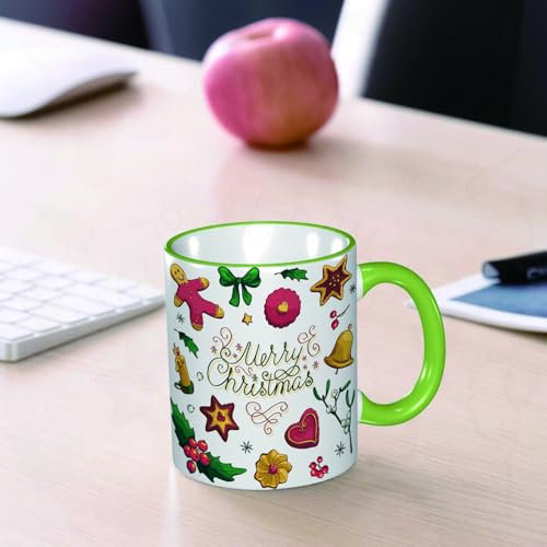 YOIUE Tasse aus Keramik - Große 11oz Tassen 330ml Kaffeetassen mit Henkel, 100% Handbemalt - Trinkgläser mit Griff - Weiß,Satz handgezeichneter Elemente für Weihnachtsdesign mit schöner Beschriftung.