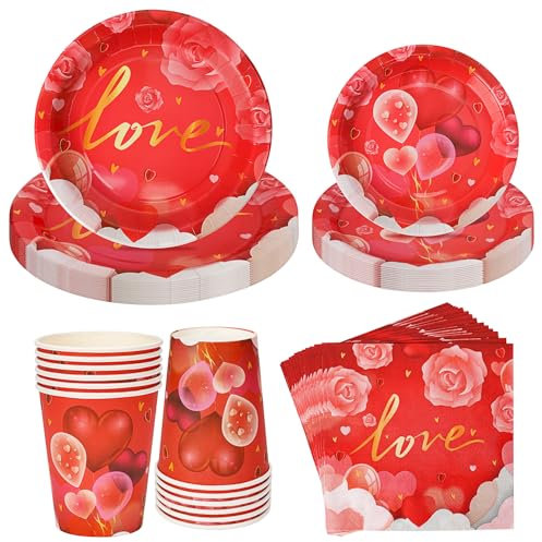 56 Piezas Vajilla para Forma del Corazón, 12 Invitados Forma de Corazón Platos de Papel de Juego de Fiesta para Niña Platos de Papel Servilletas Tazas
