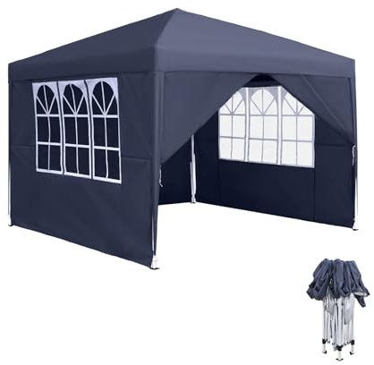 HENGMEI Pavillon 2.5x2.5m, Partyzelt Wasserdicht Stabil Winterfest, Metall Faltpavillon Gartenpavillon Pergola für Party, Marktstand, Garten mit 4 Seitenteilen und Fenstern, Anthrazit
