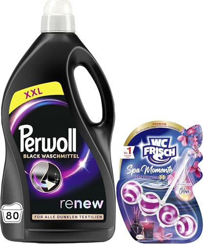 PERWOLL Black Waschmittel (80 WL) - Feinwaschmittel reinigt sanft und erneuert dunkle Farben, Fasern und Textilien - mit Dreifach-Renew-Technologie & WC FRISCH Spa Momente Harmonie Toilettenstein