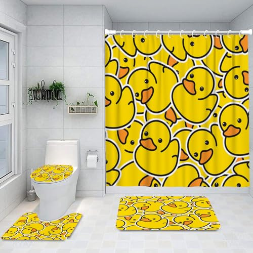 Ansouyi 4-teiliges Badezimmer-Duschvorhang-Set mit rutschfesten Teppichen, WC-Deckelbezug und Badematte, gelbe Cartoon-Ente, langlebig, wasserdicht, Duschvorhang für Badezimmer-Set, 183 x 183 cm