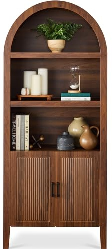 Best Choice Products 72in Tall Arched Pantry Cabinet w/Doors, 5-Tier Bookshelf, Armoire, Hutch, Bookcase, Storage Cabinet w/Adjustable Shelves - Walnut