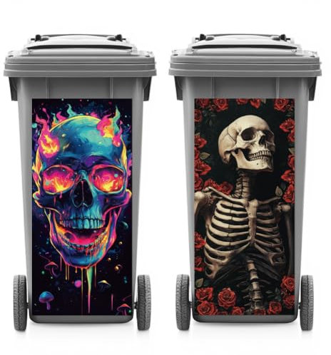 ANATTASOUL 2 Sheets Wheelie Bin Stickers Decorative Skull and Rose Waterproof Dustbin Decor, 14.9x 32.2 Adhesive Large Decal for Bins, Fridge, Wall Outdoor, Indoor Decoration