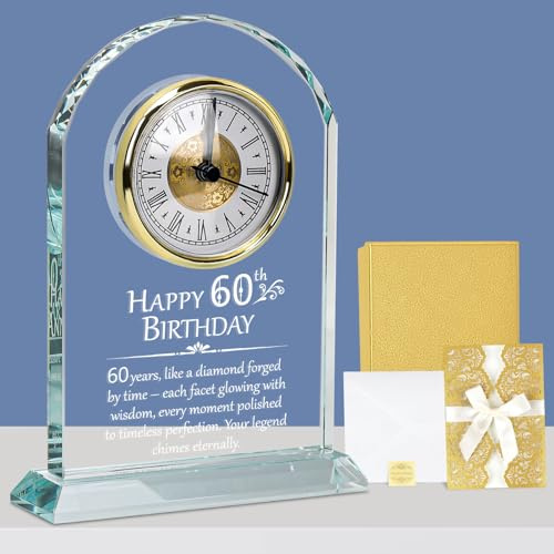 60th Birthday Gifts, Quartz Desk Clock with Card, Crystal Keepsake | Glass Ornament, Elegant Gold Design, Milestone Birthday Decor, Birthday Gift for Women, Men, Parents, Grandparents, Friends