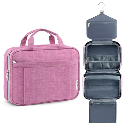 BAGLHER Kosmetiktasche Damen Transparent mit 360° Haken - wasserdichte Reise Waschtasche Faltbare Toilettentasche Organizer für Makeup & Toilettenartikel, Kulturtasche,Groß, Rosa