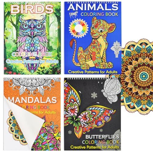 Elyyapt Mandalas Malbücher Spiralbindung Entspannende Malbücher Farbtherapie Antistress Erwachsene Malbuch für Frauen Männer Vögel Tiere Schmetterlinge Muster Designs zur Entspannung 4 Stück