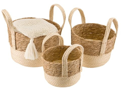 CROWNSHOP 3-Pack Woven wicker Storage Baskets with Handles -wicker storage basket Natural Plant & Home Organization Hamper Set Laundry Hamper for Shelf Nursery Laundry