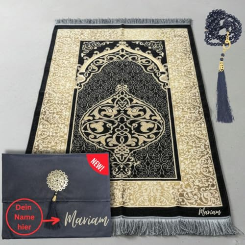 Luminoza Gebetsteppich mit Namen schwarz Islam Geschenkset mit Gebetskette und Tasche to go | Muslimische Ramadan | Dekoration Islam | Islamische Geschenke | Prayer mat Carpet (Schwarz_MitNamen)