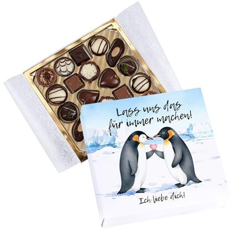 Herz & Heim® Personalisierbare Pralinen Schachtel 100g – Valentinstag Pralinen mit Pinguin-Motiv – Schokolade mit Liebes-Aufdruck als Geschenkidee