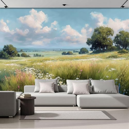 ANALTIRCE Wallpaper for Bedroom Wall Art Murals, Wildflower Meadow 368 x 254 cm Non-Woven Photo Wallpaper 3D Effect, Countryside Flowers Wall Mural Wallpapers for Living Room