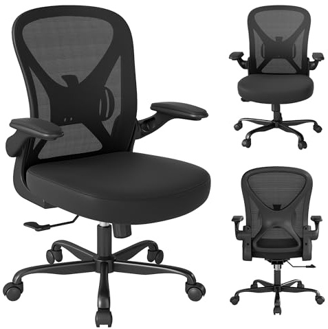 Keratee Sedia da Ufficio Ergonomica in Mesh con Supporto Lombare Regolabile e Braccioli Ribaltabili, Sedia da Computer Traspirante con Regolazione in Altezza e Rotazione 360°, Nero