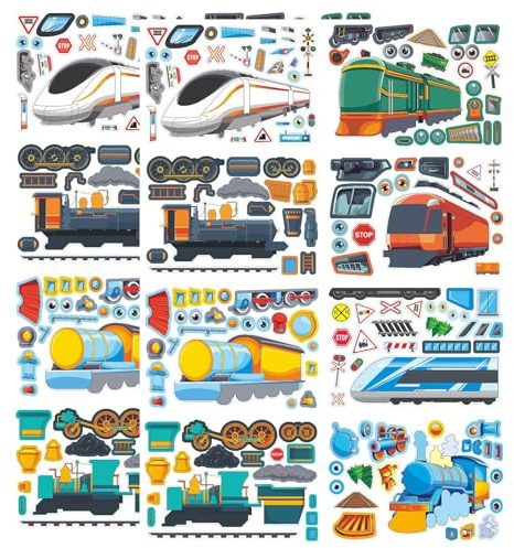 16 Stück Zug Aufkleber, DIY Gesichts Stickers Mix und Match Aufkleberbögen Erstellen, Interaktive Wiederverwendbare Sticker für Kinder Party Geburtstagsfeiern Favor Supplies Craft