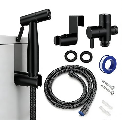 Juego de ducha de mano de bidé para inodoro de bidé, de acero inoxidable, resistente, con soporte adaptador en T y manguera de resorte para inodoro, mascotas y limpieza (G1/2-negro)