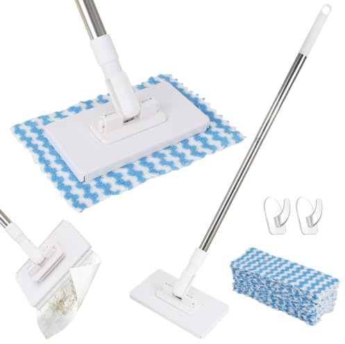 Disposable Dust Mop with with 10 Reusable Cloths | Clamp Mop,Sweeper Mop,Automatic Cloth Changing and 360°Rotating Head,Hands Free Flat Mop for Floor, Wall,Bathroom,Kitchen