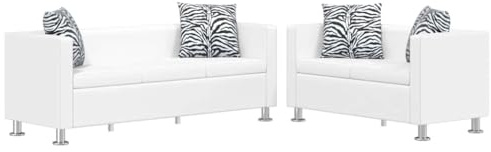 QJBSAVVA Sofagarnitur Kunstleder 3-Sitzer und 2-Sitzer Weiß - Elegante Couchgarnitur Set für Wohnzimmer und Büro - Stabiles Holzgestell inkl. 4 Dekokissen - Modernes Design Sitzgruppe