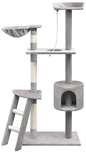LoogCape Tiragraffi per gatti, 150 cm, grigio, con corde in sisal, peluche, grotta, cucca, piattaforme, scala e giocattoli per interni, balcone, montaggio a parete, telaio in legno stabile