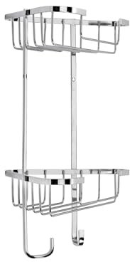 Croydex Stainless Steel Corner Shower Caddy - Durable Steel Bathroom Shelves with Chrome Finish for Modern Bathrooms, 2-Tier Shower Corner Shelves with Hooks, Easy Installation, 5kg Load Capacity