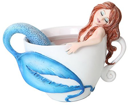 Statue de sirène relaxante dans une tasse à café blanche de 10 cm.