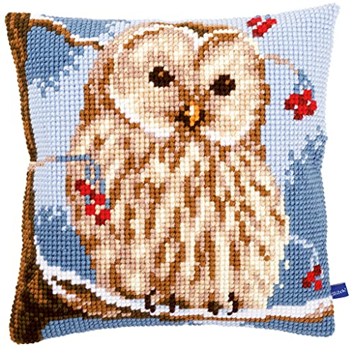 Vervaco Kreuzstich Stickpackungen Kissen Stickerei Set Anfänger Vorgedruckt Wintereule DIY Set Kreativ Set Für Erwachsene Dekoratives Kissen ca. 40 x 40 cm Bastelset Handwerker Haus Dekoration