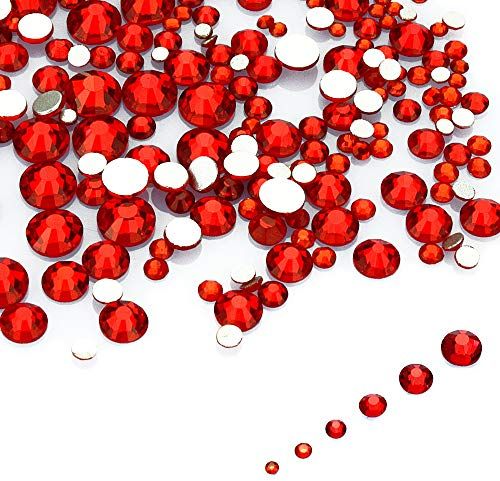 LolliBeads Resin Crystal Round Nail Art Mixed Flat Backs Acrylic Rhinestones Gems,Mix Size 1.5-5 mm, Color Siam Red (1200Pcs)