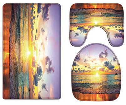 A.Monamour Badezimmer Badematte 3 Teilig Set Karibik Insel Ozean Strand Sonnenuntergang Bunten Himmel Mit Wolken Bad Matte Teppich Flanell Saugfähig Badteppiche Badvorleger Badgarnitur WC Vorleger