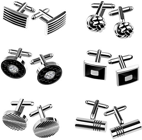 TUPARKA 6 Paires de Boutons de Manchette pour Hommes, Boutons de Manchette à Rayures à la Mode pour Smoking, Cadeau de Graduation, Cadeau d'affaires, Argent