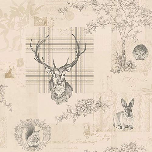 Animal Print Wallpaper Woodland Stag Rabbit Trees Flowers Linen Charcoal