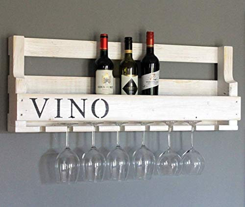 Weinregal aus Holz für die Wand - mit Gläserhalter und VINO Schriftzug - Weiß - fertig montiert - Regal für Weinflaschen und Weingläser