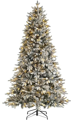 WeRChristmas Pre-Lit Slim Snow Flocked Christmas Tree with 350 Chasing Warm LED Lights, Multi-Colour, 6 feet/1.8m | Over 1,600 Tips, 350 LEDs, 8 Light Settings, Slim 107cm Base, Prelit Snow Flocked Christmas Tree 6ft, 1.8m