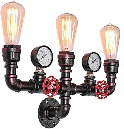 E27 Retro Industrie Wandlampe Vintage Wandleuchte Deko Wasserrohr Beleuchtung Metall Pendelleuchte für Loft Cafe Bar (Drei Köpfe)