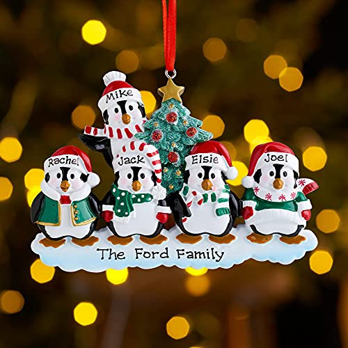 Personalised Family Christmas Xmas Tree Bauble Decoration Ornament | Winter Penguin Family | Groups 2, 3, 4, 5, 6, 7, 8 & 9 (Family of 5)