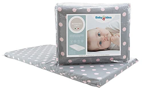 baby idea Materasso Lettino da Campeggio Sfoderabile Pieghevole Traspirante a Norma EN16890:2017 Federa100% Cotone Oeko-tex® Interno Certificato Certipur™ 60x120x4 OMAGGIO Borsa da Viaggio (Pois R)