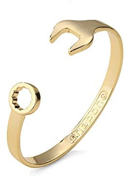 Spanner Wrench Gold Bangle Jewellery Adjustable Gold Bracelet for Men & Women with 18K Heavy Real Plating & Logo Tool Fashion Jewellery (Smooth Wrench) - Bling King London