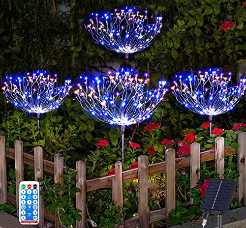 Joysing Gartendeko Solar Gartenleuchte Außen, 4 x 120 LED Feuerwerk Lichter Mit Fernbedienung, 8 Modi Gartenstecker Lichter Wasserdicht für Garten Rasen Terrasse (Mehrfarbig)