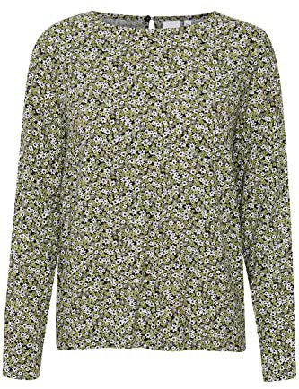 ICHI IHVERA LS9 Damen Lange Bluse Langarm Blusenshirt mit Rundhalsausschnitt Schlüsselloch-Verschluss mit Knopf auf dem Rückteil Regular Fit, Größe:40, Farbe:Weeping Willow (150525)