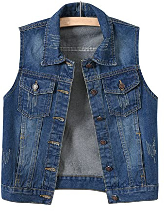 COWOKA Women's Casual Denim Waistcoat Slim Fit Frayed Sleeveless Jacket Ripped Tops with Pockets Denim M